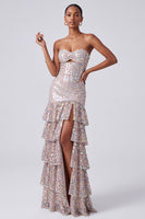 Load image into Gallery viewer, Sparkly Blush Sheath Ruffled Tiered Sequin Sweetheart Keyhole Long Prom Dress with Slit