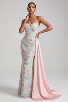 Load image into Gallery viewer, Floral Light Green Mermaid Sparkly Sequin Sweetheart Long Prom Dress with Side Cape