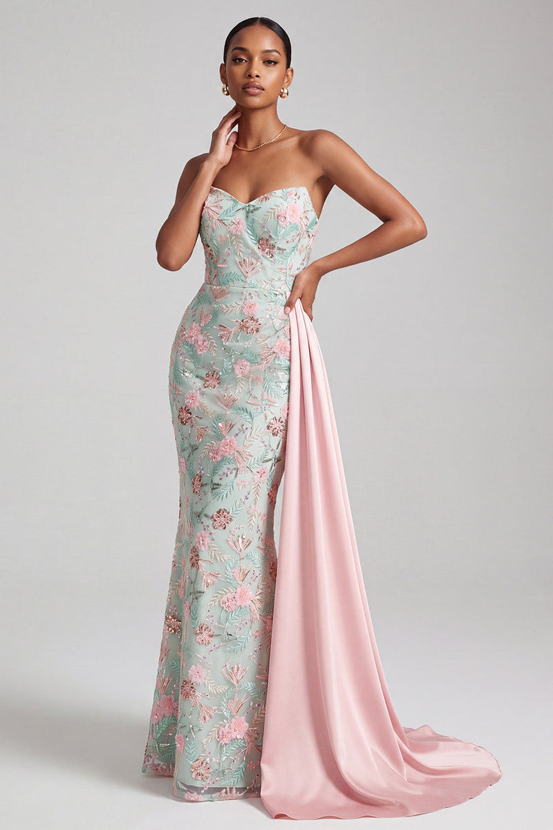Load image into Gallery viewer, Floral Light Green Mermaid Sparkly Sequin Sweetheart Long Prom Dress with Side Cape