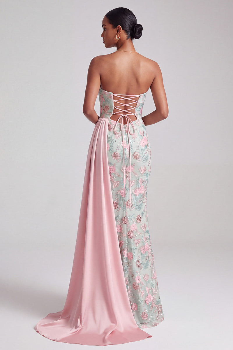 Load image into Gallery viewer, Floral Light Green Mermaid Sparkly Sequin Sweetheart Long Prom Dress with Side Cape