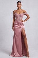 Load image into Gallery viewer, Sparkly Dusty Rose Sheath Corset Ruched Beaded Long Prom Dress with Slit