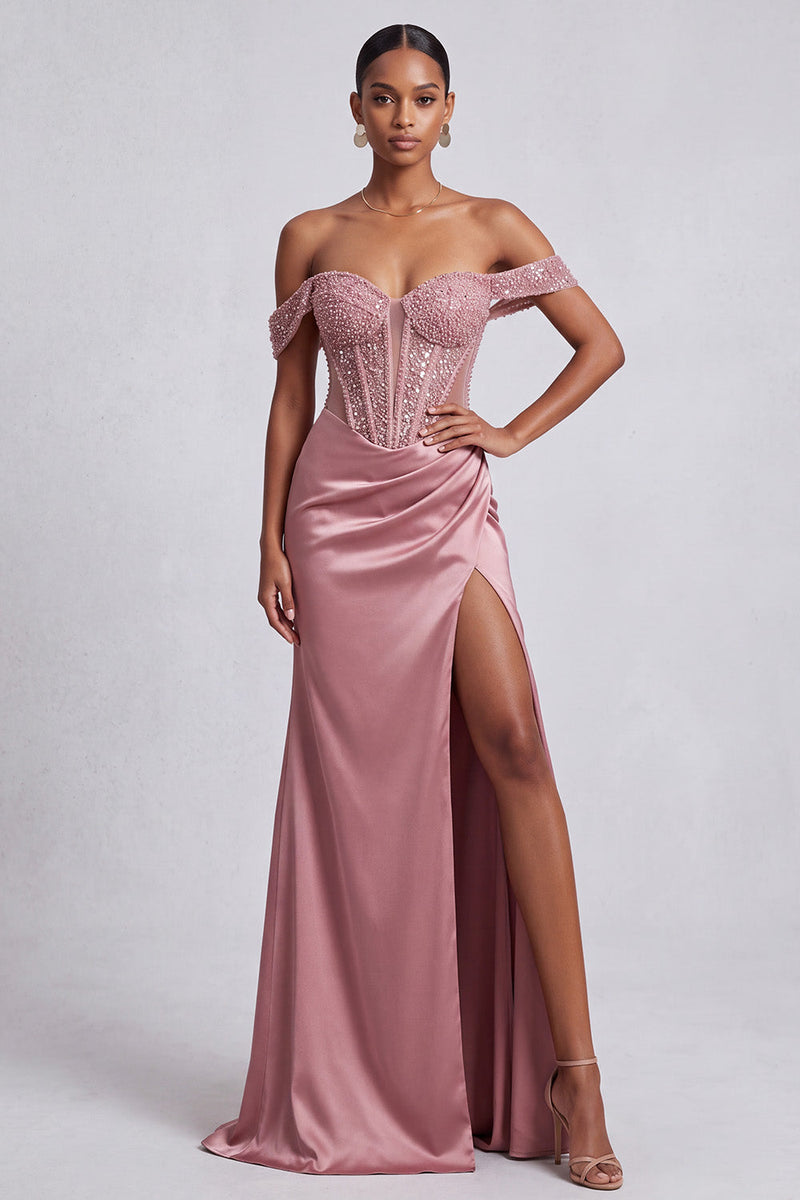 Load image into Gallery viewer, Sparkly Dusty Rose Sheath Corset Ruched Beaded Long Prom Dress with Slit