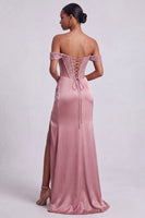 Load image into Gallery viewer, Sparkly Dusty Rose Sheath Corset Ruched Beaded Long Prom Dress with Slit