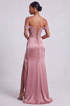Sparkly Dusty Rose Sheath Corset Ruched Beaded Long Prom Dress with Slit