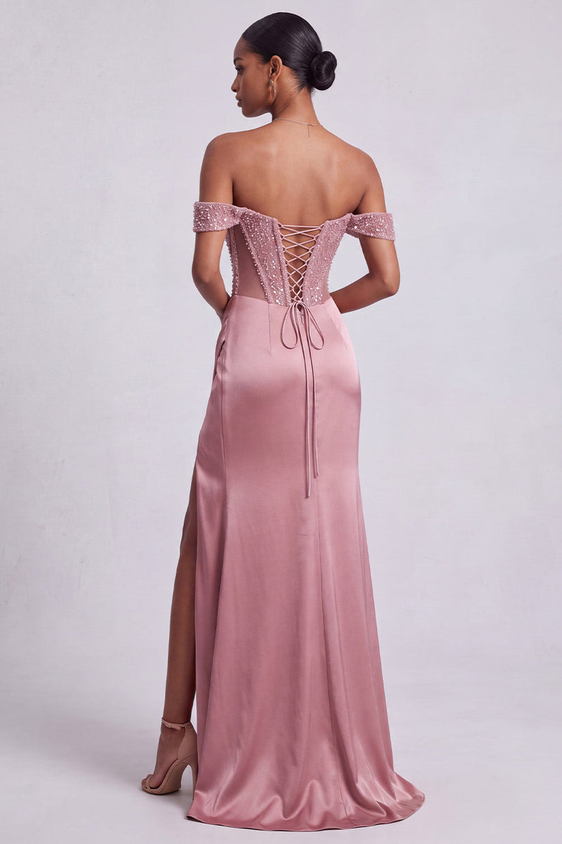Load image into Gallery viewer, Sparkly Dusty Rose Sheath Corset Ruched Beaded Long Prom Dress with Slit