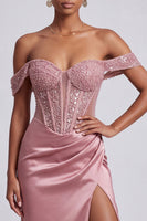 Load image into Gallery viewer, Sparkly Dusty Rose Sheath Corset Ruched Beaded Long Prom Dress with Slit