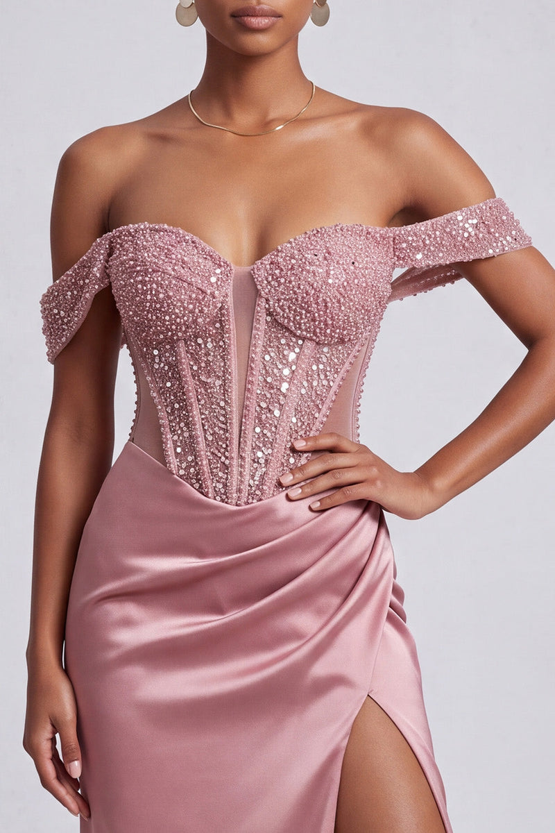 Load image into Gallery viewer, Sparkly Dusty Rose Sheath Corset Ruched Beaded Long Prom Dress with Slit