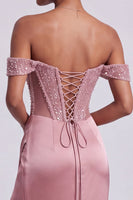 Load image into Gallery viewer, Sparkly Dusty Rose Sheath Corset Ruched Beaded Long Prom Dress with Slit