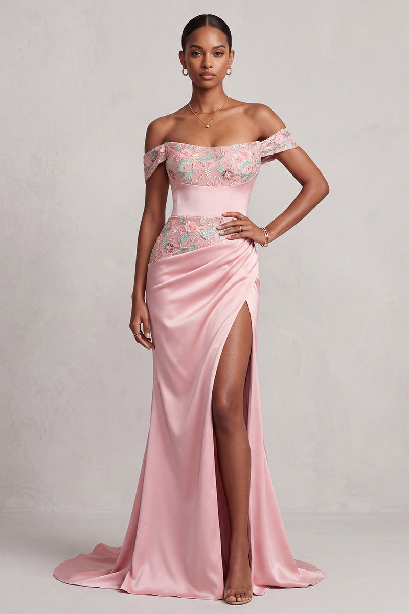 Load image into Gallery viewer, Pink Mermaid Floral Ruched Off the Shoulder Long Prom Dress with Slit