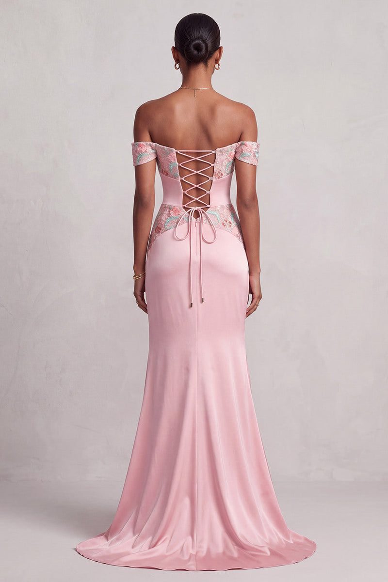 Load image into Gallery viewer, Pink Mermaid Floral Ruched Off the Shoulder Long Prom Dress with Slit
