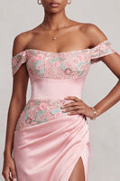 Load image into Gallery viewer, Pink Mermaid Floral Ruched Off the Shoulder Long Prom Dress with Slit