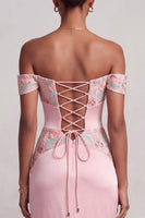 Load image into Gallery viewer, Pink Mermaid Floral Ruched Off the Shoulder Long Prom Dress with Slit