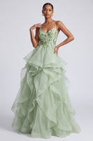Load image into Gallery viewer, Sparkly Light Green Floral A Line Ruffled Tiered Long Prom Dress with Sequins