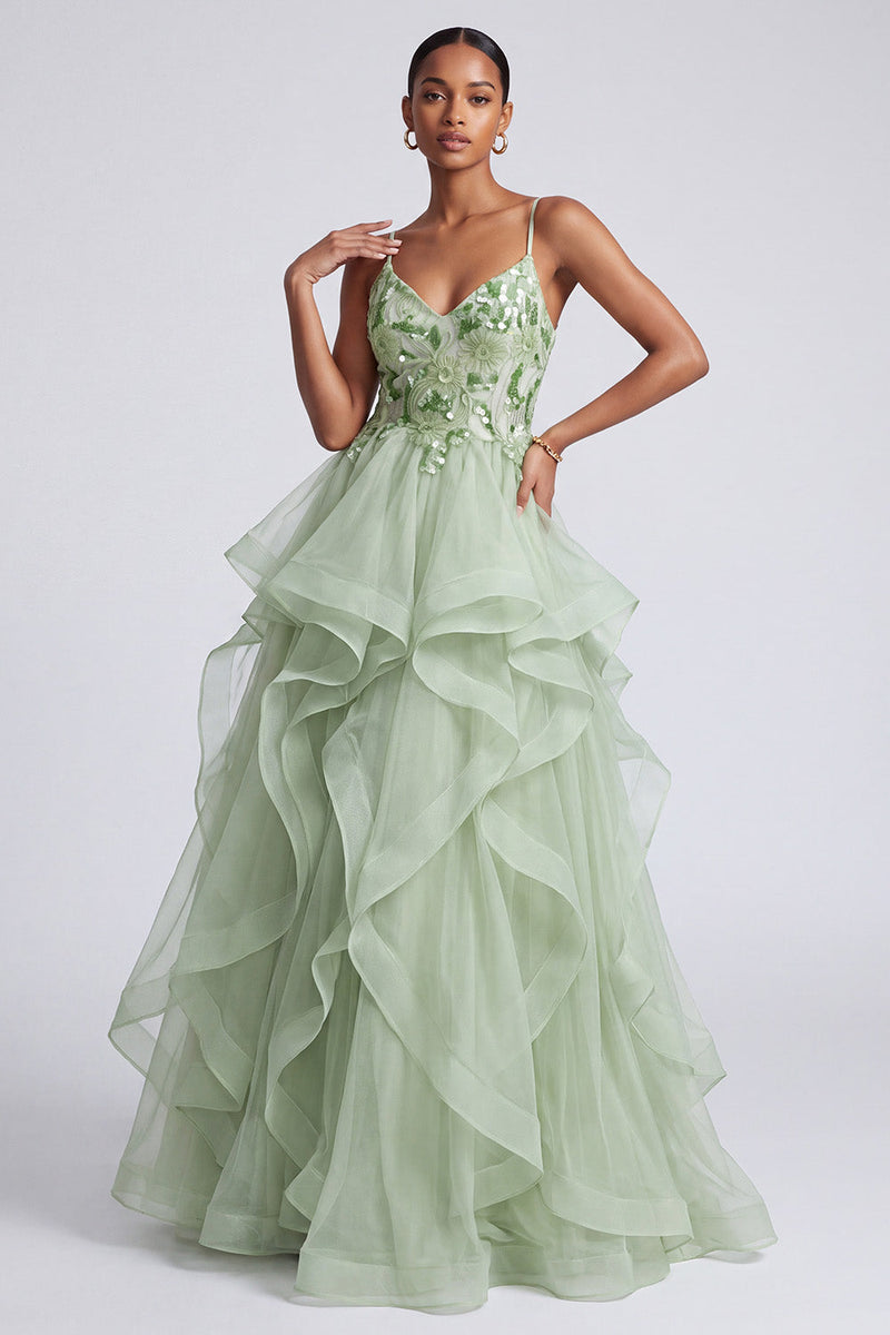 Load image into Gallery viewer, Sparkly Light Green Floral A Line Ruffled Tiered Long Prom Dress with Sequins
