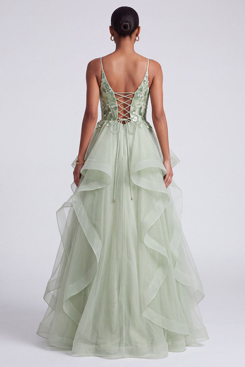 Load image into Gallery viewer, Sparkly Light Green Floral A Line Ruffled Tiered Long Prom Dress with Sequins