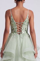 Load image into Gallery viewer, Sparkly Light Green Floral A Line Ruffled Tiered Long Prom Dress with Sequins