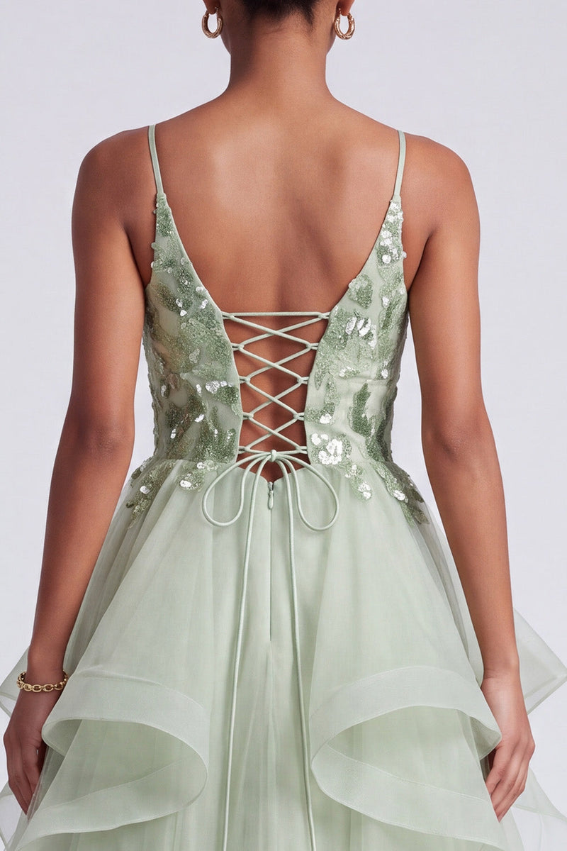 Load image into Gallery viewer, Sparkly Light Green Floral A Line Ruffled Tiered Long Prom Dress with Sequins