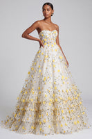 Load image into Gallery viewer, Princess Light Yellow Floral Ruffled Tiered Corset Sweetheart Long Prom Dress