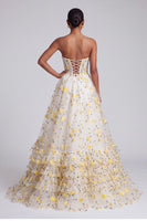 Load image into Gallery viewer, Princess Light Yellow Floral Ruffled Tiered Corset Sweetheart Long Prom Dress