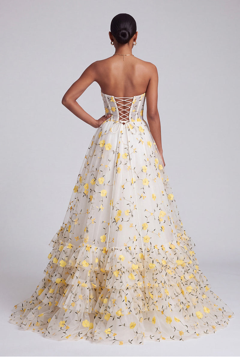Load image into Gallery viewer, Princess Light Yellow Floral Ruffled Tiered Corset Sweetheart Long Prom Dress
