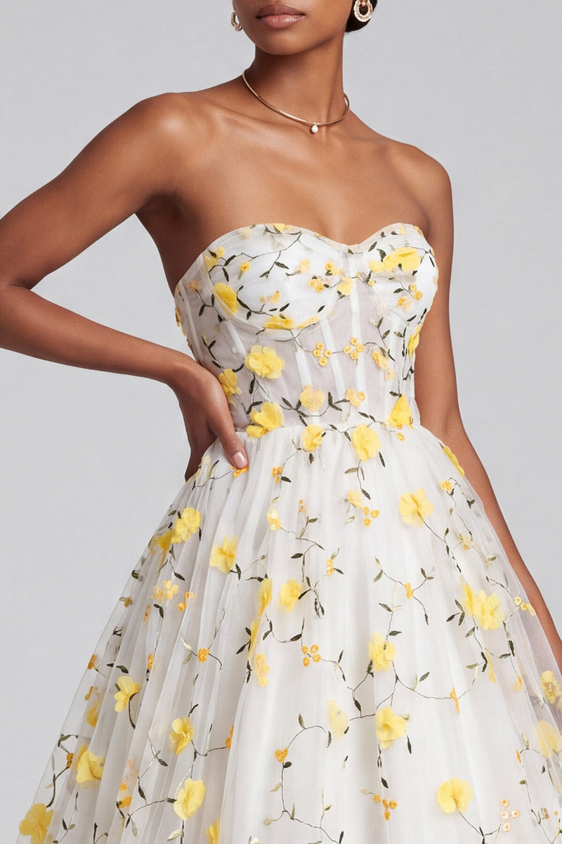 Load image into Gallery viewer, Princess Light Yellow Floral Ruffled Tiered Corset Sweetheart Long Prom Dress
