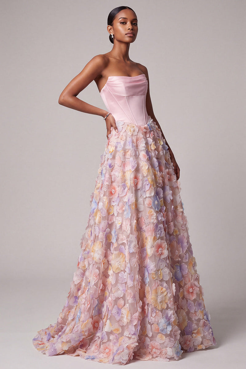 Load image into Gallery viewer, Sparkly Pink Corset Floral Ruched A-Line Strapless Long Prom Dress