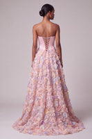 Load image into Gallery viewer, Sparkly Pink Corset Floral Ruched A-Line Strapless Long Prom Dress