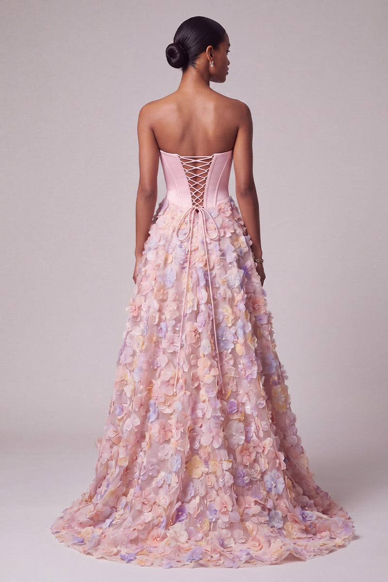 Load image into Gallery viewer, Sparkly Pink Corset Floral Ruched A-Line Strapless Long Prom Dress