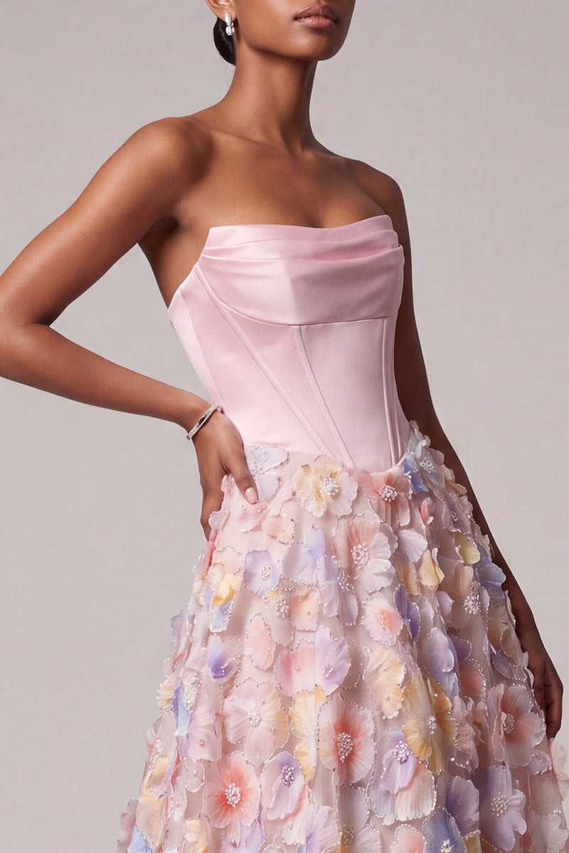 Load image into Gallery viewer, Sparkly Pink Corset Floral Ruched A-Line Strapless Long Prom Dress