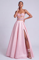 Load image into Gallery viewer, Floral Pink A Line Sweetheart Satin Long Prom Dress with Slit