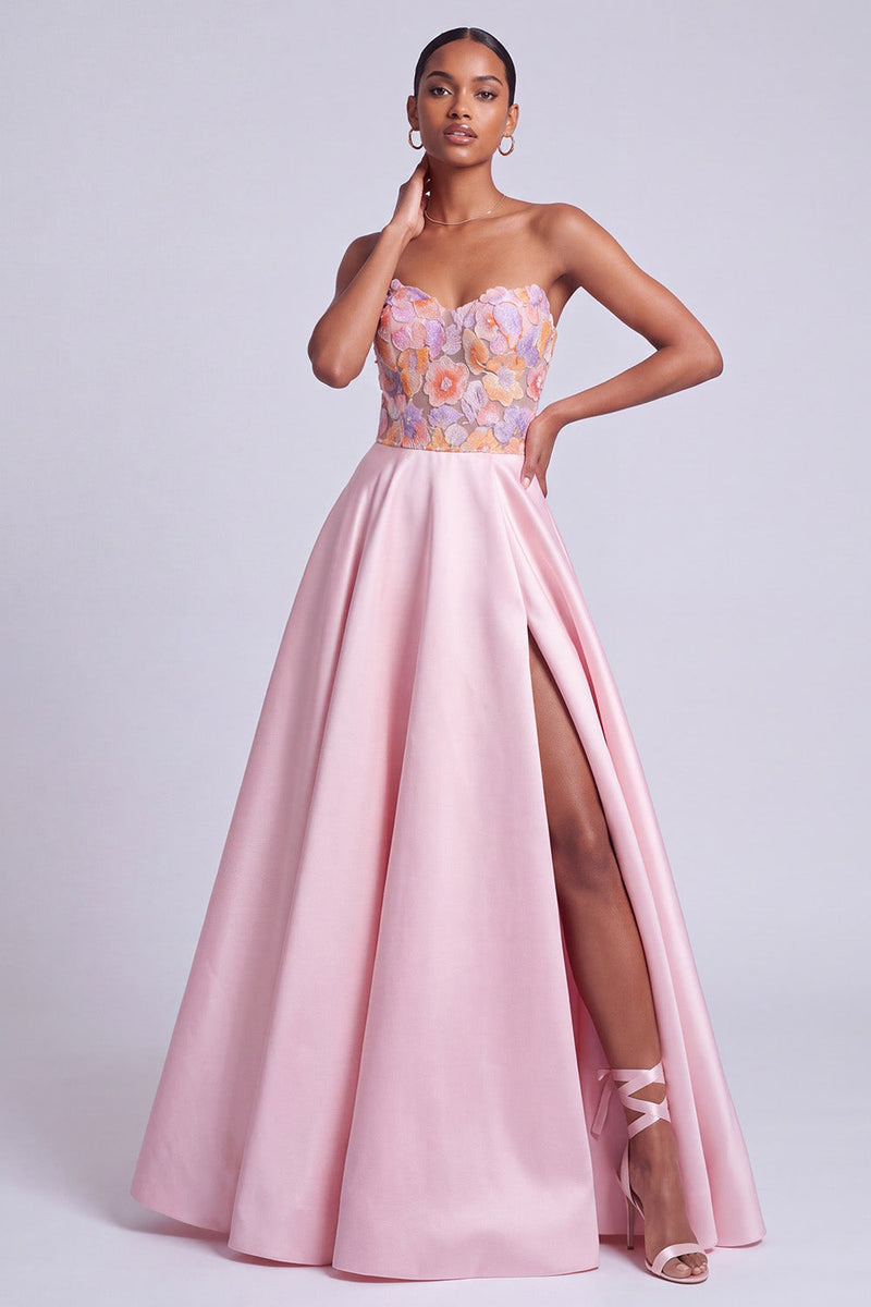 Load image into Gallery viewer, Floral Pink A Line Sweetheart Satin Long Prom Dress with Slit
