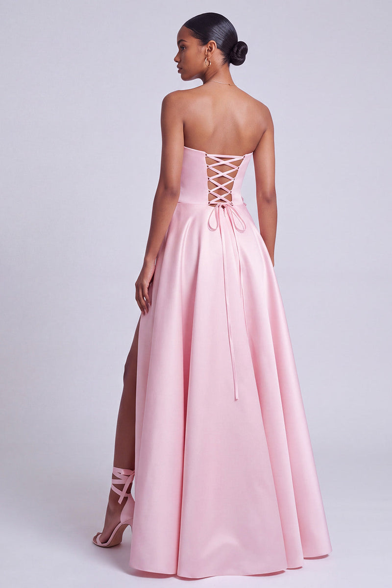 Load image into Gallery viewer, Floral Pink A Line Sweetheart Satin Long Prom Dress with Slit