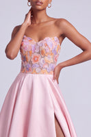 Load image into Gallery viewer, Floral Pink A Line Sweetheart Satin Long Prom Dress with Slit