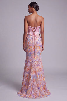 Sparkly Pink Ruched Corset Mermaid Beaded Floral Long Prom Dress