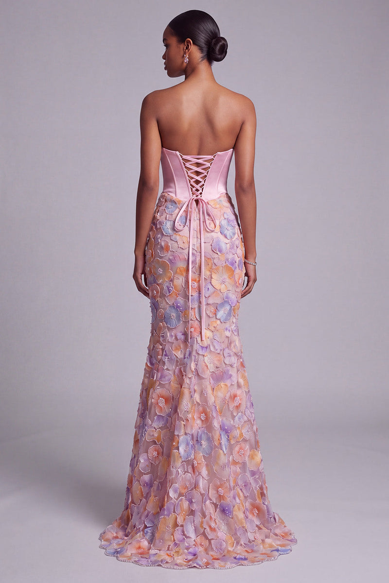 Load image into Gallery viewer, Sparkly Pink Ruched Corset Mermaid Beaded Floral Long Prom Dress