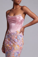 Load image into Gallery viewer, Sparkly Pink Ruched Corset Mermaid Beaded Floral Long Prom Dress