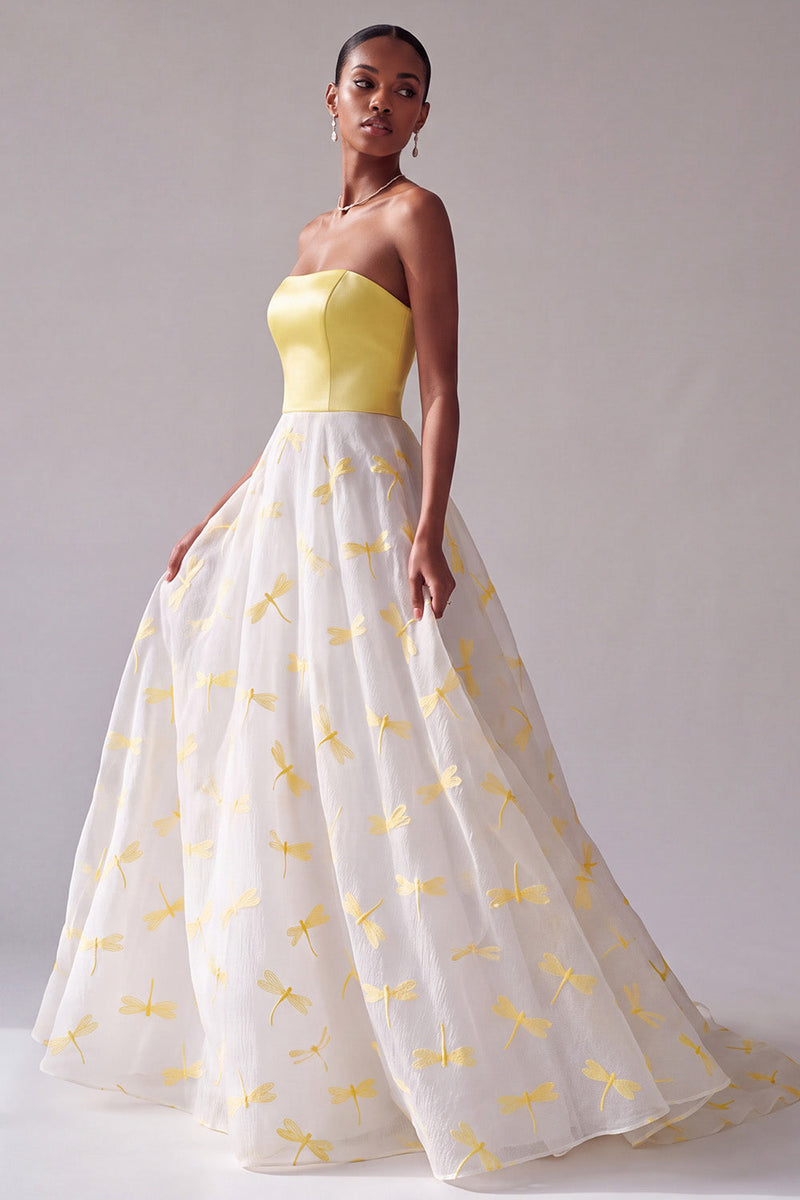 Load image into Gallery viewer, Yellow Strapless A-Line Long Prom Dress with Dragonfly