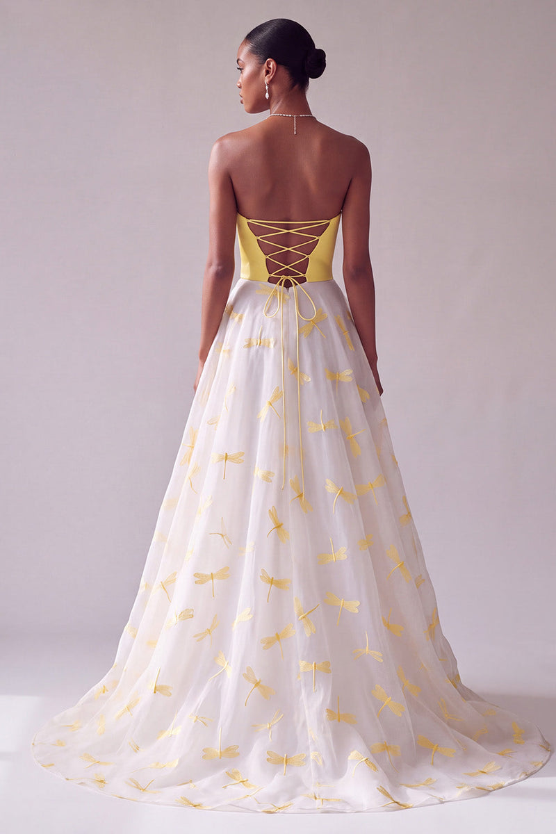Load image into Gallery viewer, Yellow Strapless A-Line Long Prom Dress with Dragonfly