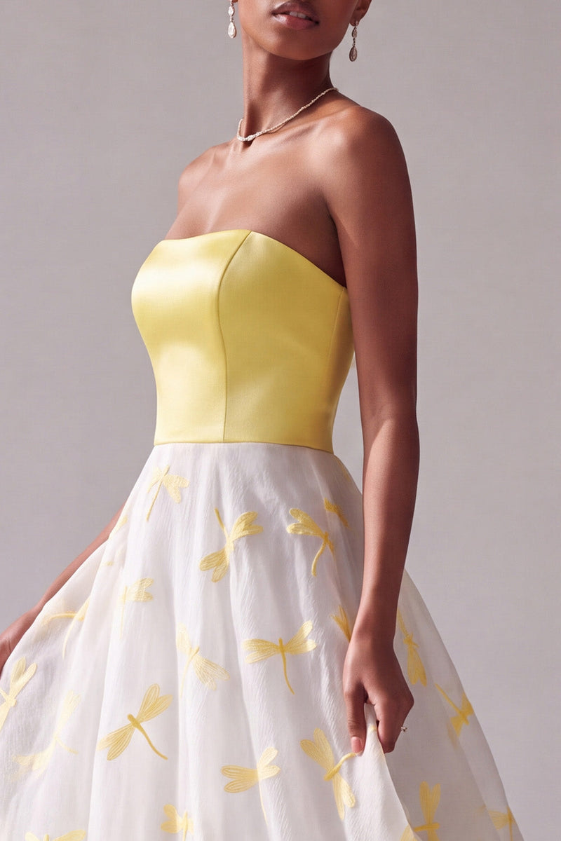 Load image into Gallery viewer, Yellow Strapless A-Line Long Prom Dress with Dragonfly