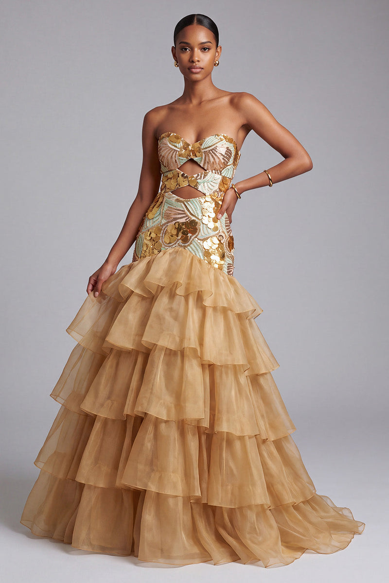 Load image into Gallery viewer, Sparkly Gold Ruffled Sweetheart Cut Out Tiered Long Prom Dress with Sequins