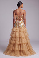 Load image into Gallery viewer, Sparkly Gold Ruffled Sweetheart Cut Out Tiered Long Prom Dress with Sequins