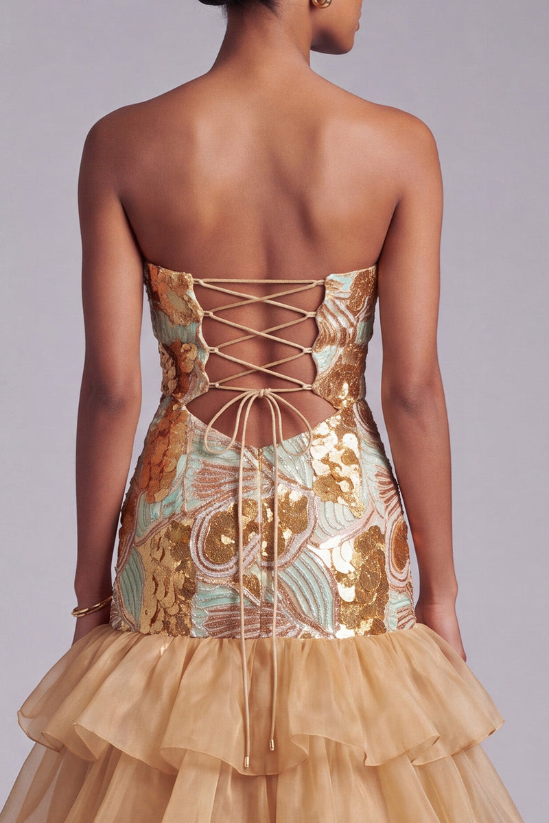 Load image into Gallery viewer, Sparkly Gold Ruffled Sweetheart Cut Out Tiered Long Prom Dress with Sequins