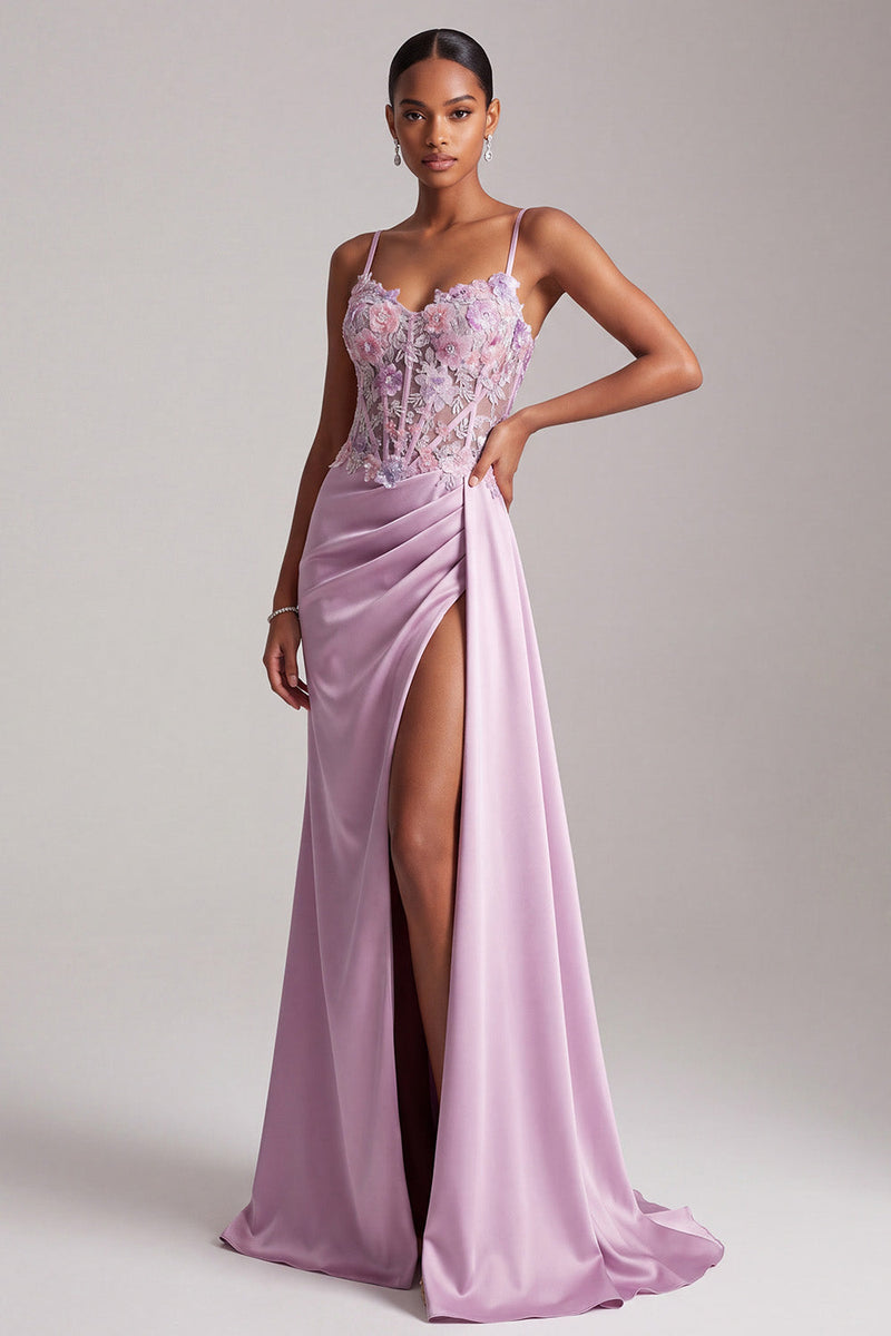 Load image into Gallery viewer, Light Purple Ruched Floral Satin Long Corset Prom Dress with Slit