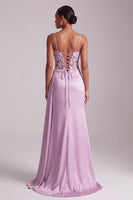 Load image into Gallery viewer, Light Purple Ruched Floral Satin Long Corset Prom Dress with Slit