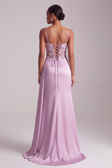 Light Purple Ruched Floral Satin Long Corset Prom Dress with Slit