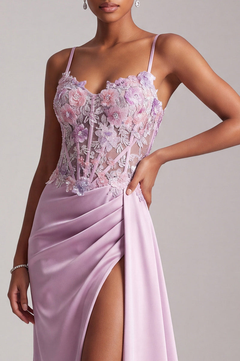 Load image into Gallery viewer, Light Purple Ruched Floral Satin Long Corset Prom Dress with Slit