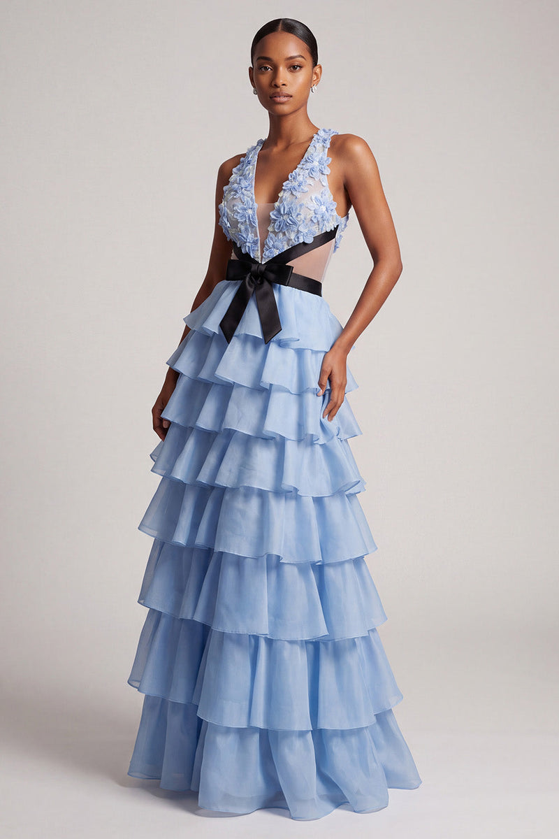 Load image into Gallery viewer, Light Blue Floral Ruffled A-Line Cut Out Tiered Long Prom Dress with Bow