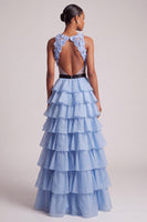 Load image into Gallery viewer, Light Blue Floral Ruffled A-Line Cut Out Tiered Long Prom Dress with Bow