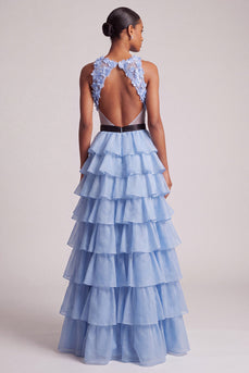 Light Blue Floral Ruffled A-Line Cut Out Tiered Long Prom Dress with Bow