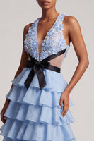 Load image into Gallery viewer, Light Blue Floral Ruffled A-Line Cut Out Tiered Long Prom Dress with Bow